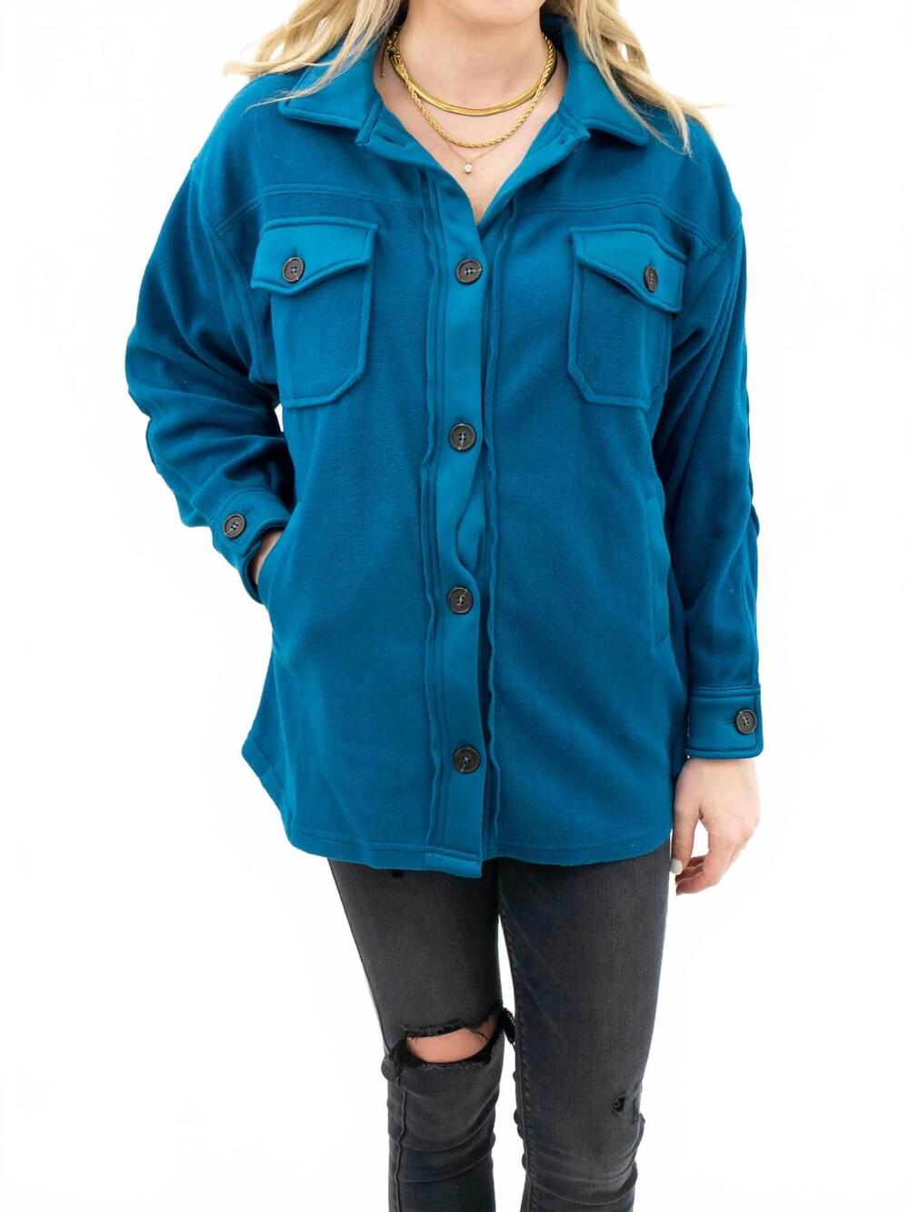 NEW FASHION GO women's oversized elbow patch shacket in teal